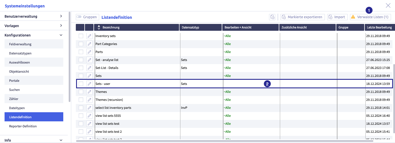Overview of list definitions including an orphaned list definition