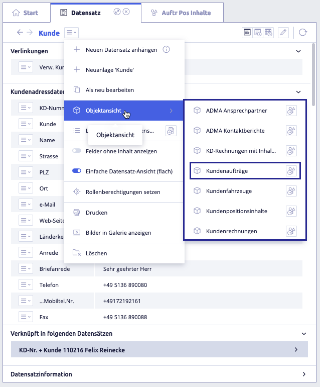 Objektansicht öffnen